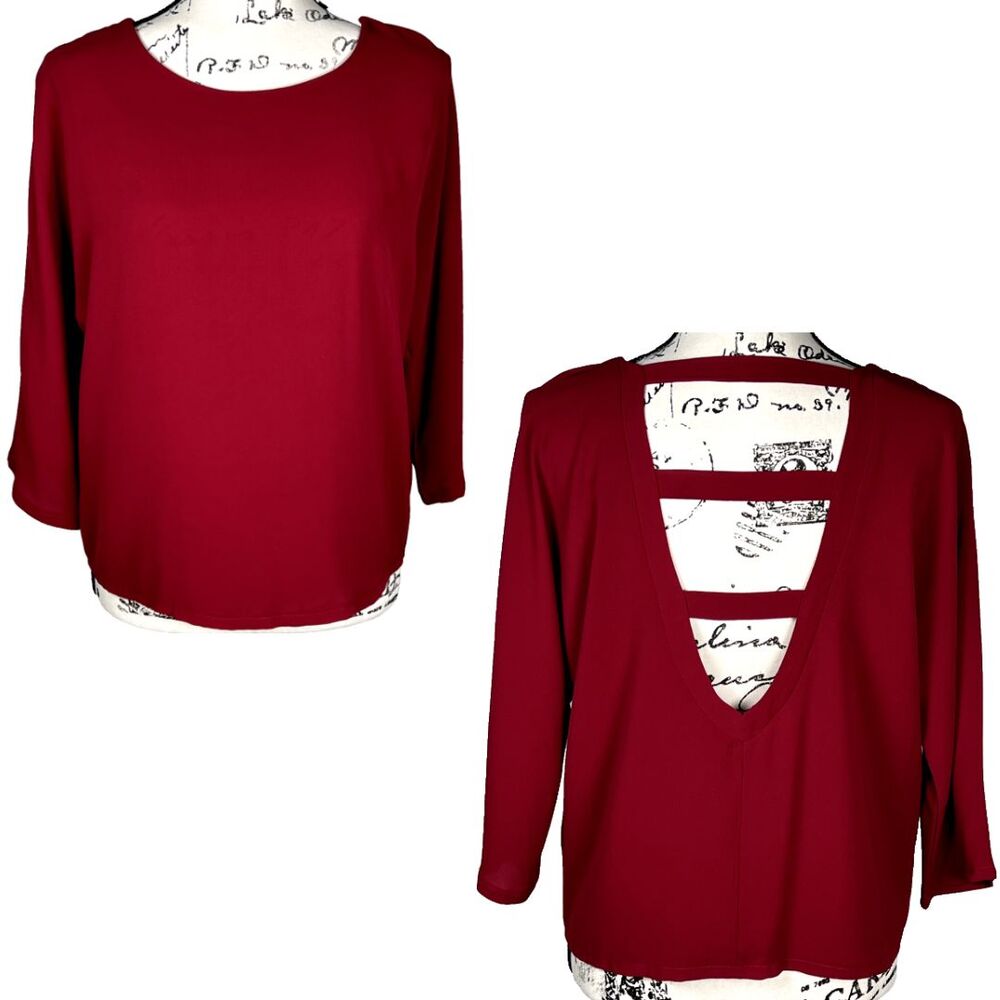 Valette Sz S Burgundy 3/4 Dolman Sleeve Blouse Open Back 3 Straps